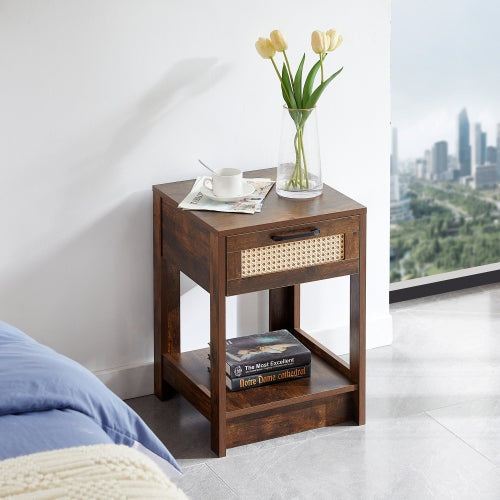 SYA Furniture Modern Minimalist Rattan End Table - Rustic Brown