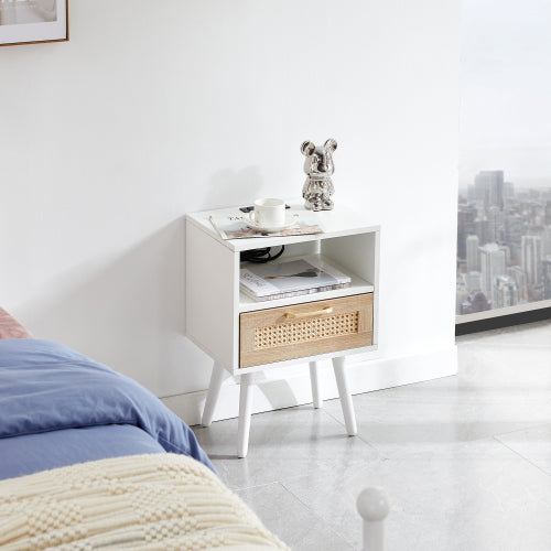 SYA Furniture Modern Minimalist Rattan Nightstand with Power Outlet & USB Ports - White
