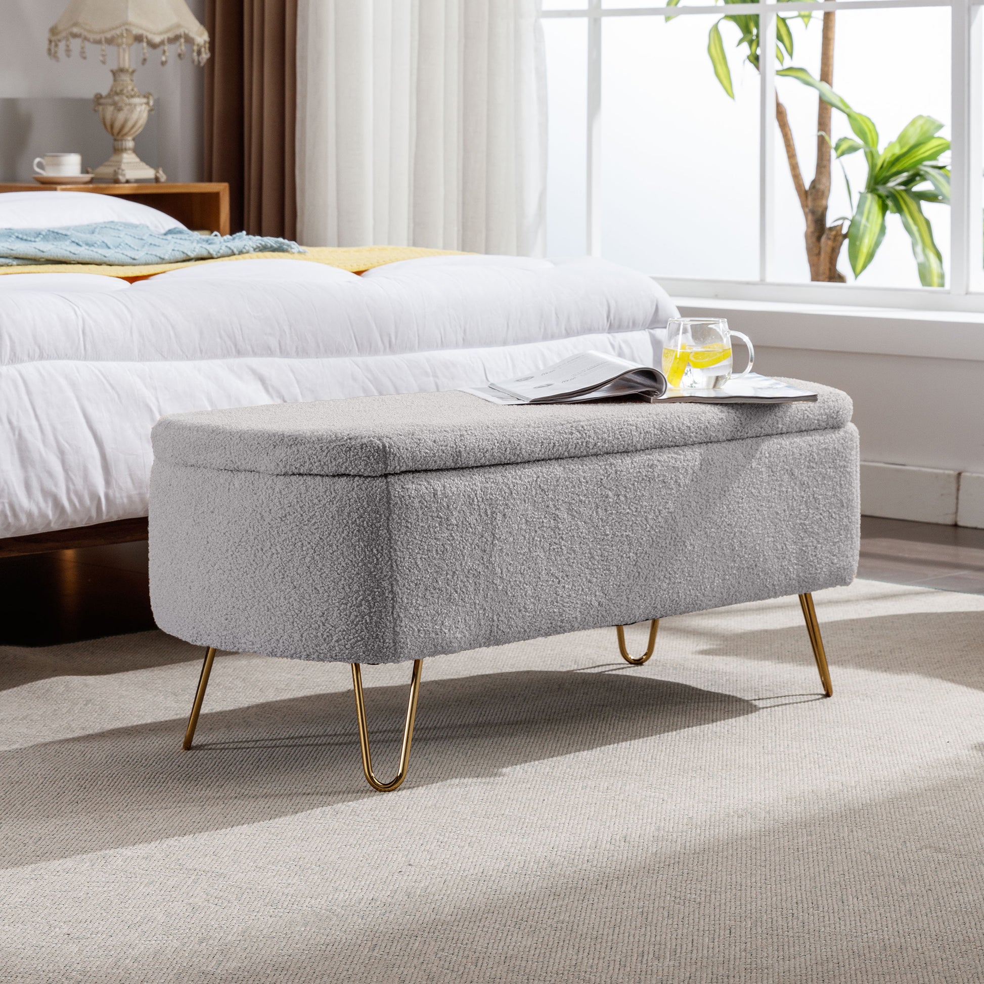 Zen Zone Modern Teddy Fabric Upholstered Bench - Gray