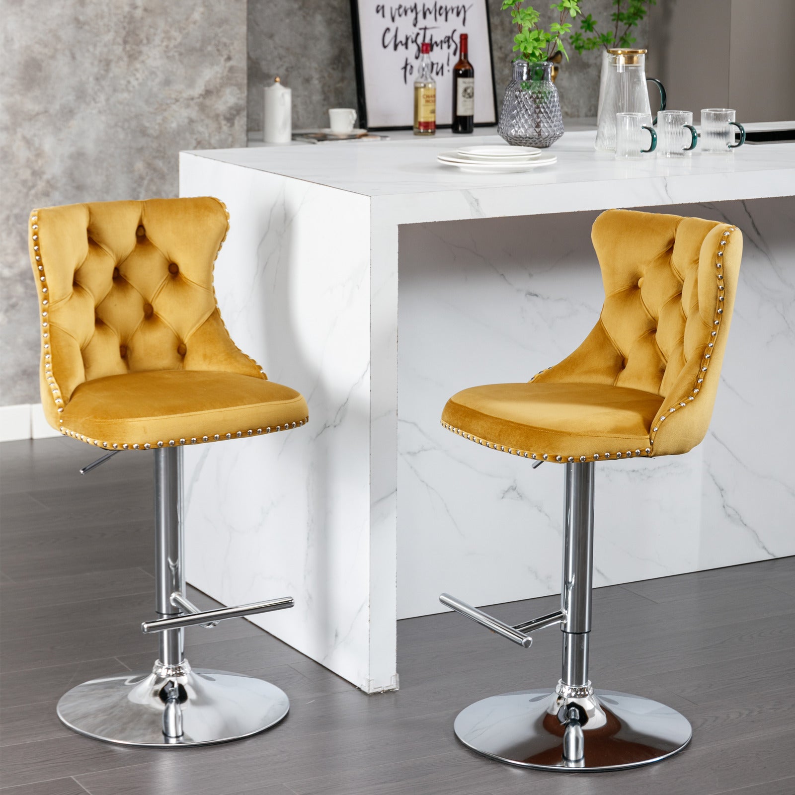 A&A Furniture Velvet Swivel Bar Stools with Silver Base Set of 2 - Yellow