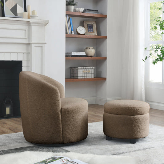 Welike Modern Teddy Fabric Barrel Chair & Ottoman Set - Coffee