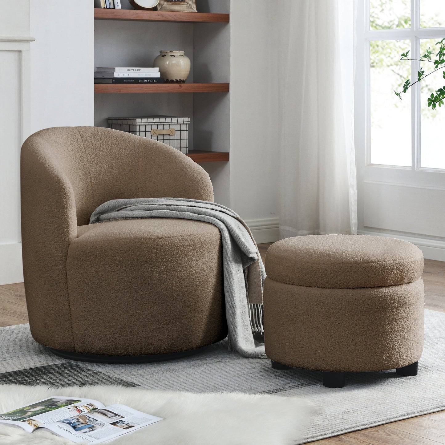 Welike Modern Teddy Fabric Barrel Chair & Ottoman Set - Coffee