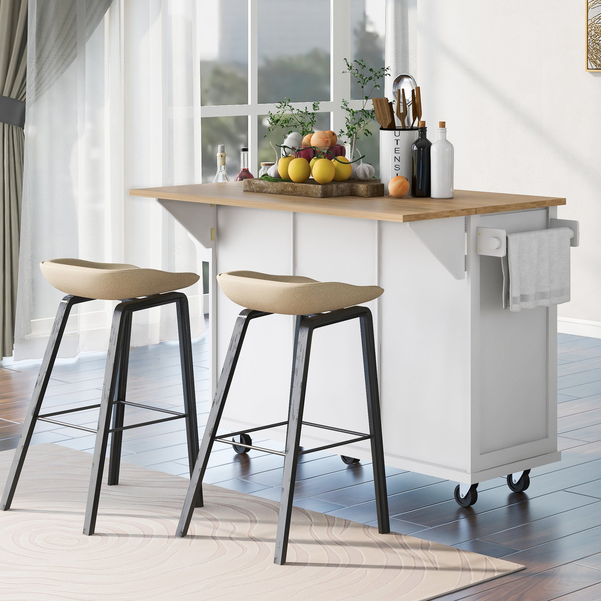 Kitchen Cart with Rubber Wood Drop-Leaf Countertop - White - detail view 3