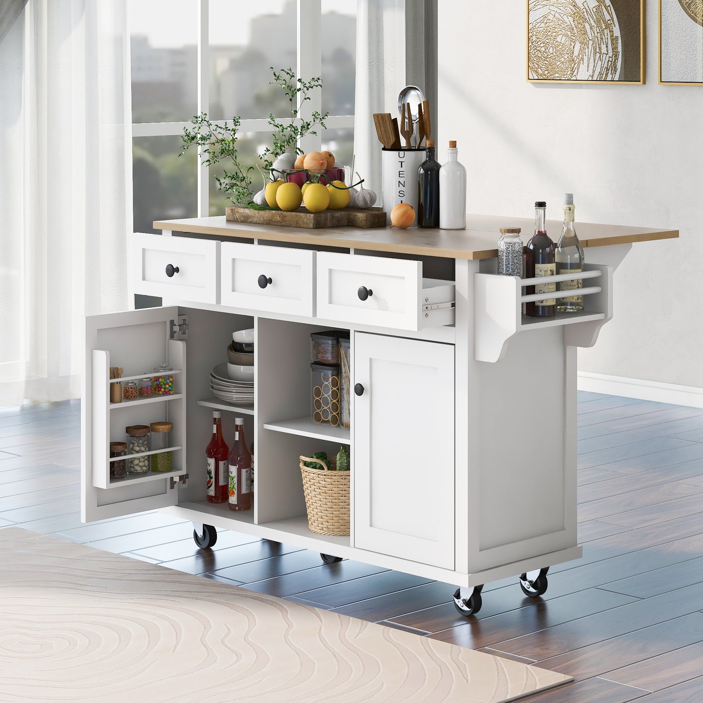 Kitchen Cart with Rubber Wood Drop-Leaf Countertop - White - detail view 2