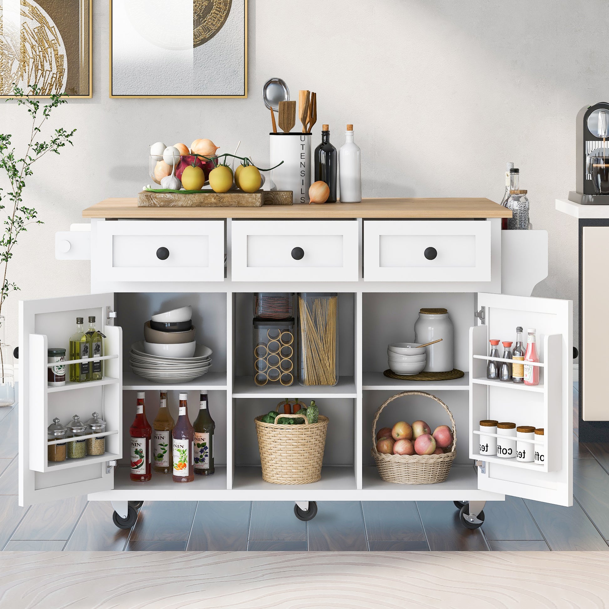 Kitchen Cart with Rubber Wood Drop-Leaf Countertop - White - primary color shot