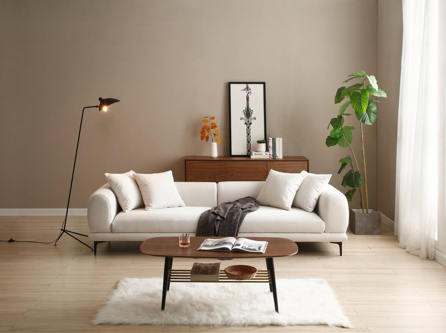 Justone Interior 108.3" Mid-Century Modern Upholstered Sofa in Beige