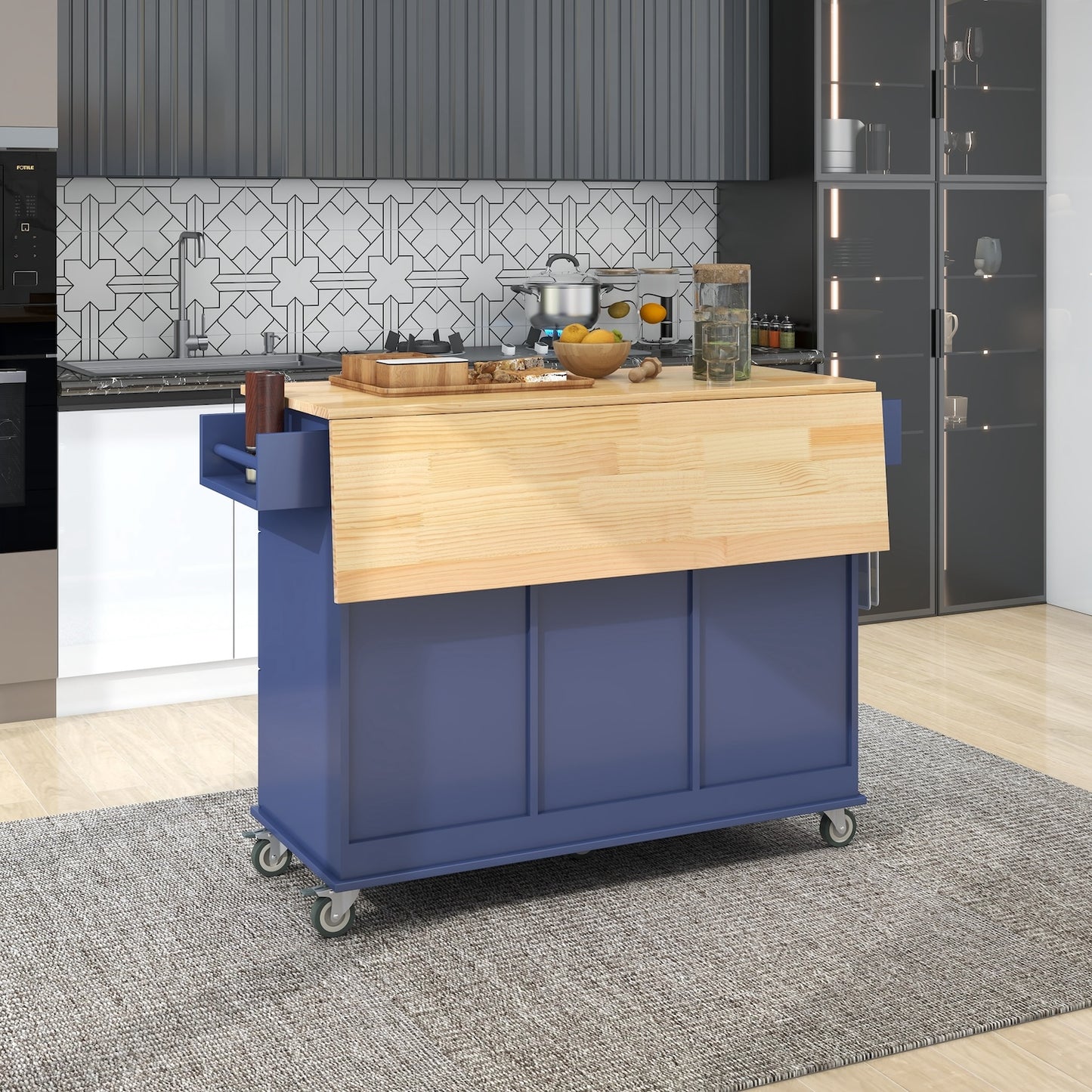 K&K Mobile Kitchen Island Cart with Solid Wood Top- Dark Blue