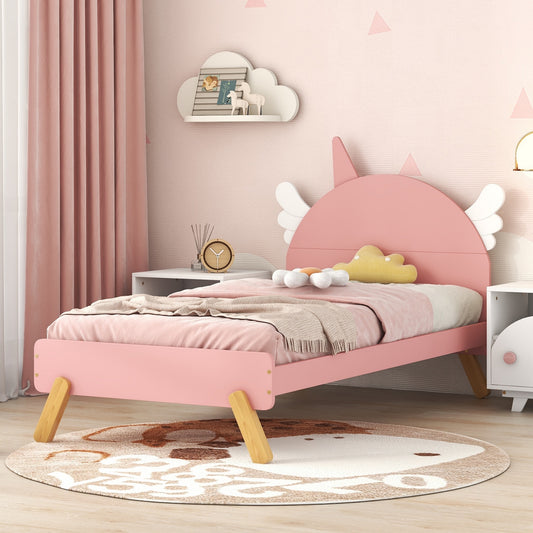 Homey Life Full Platform Bed with Unicorn Headboard - Pink