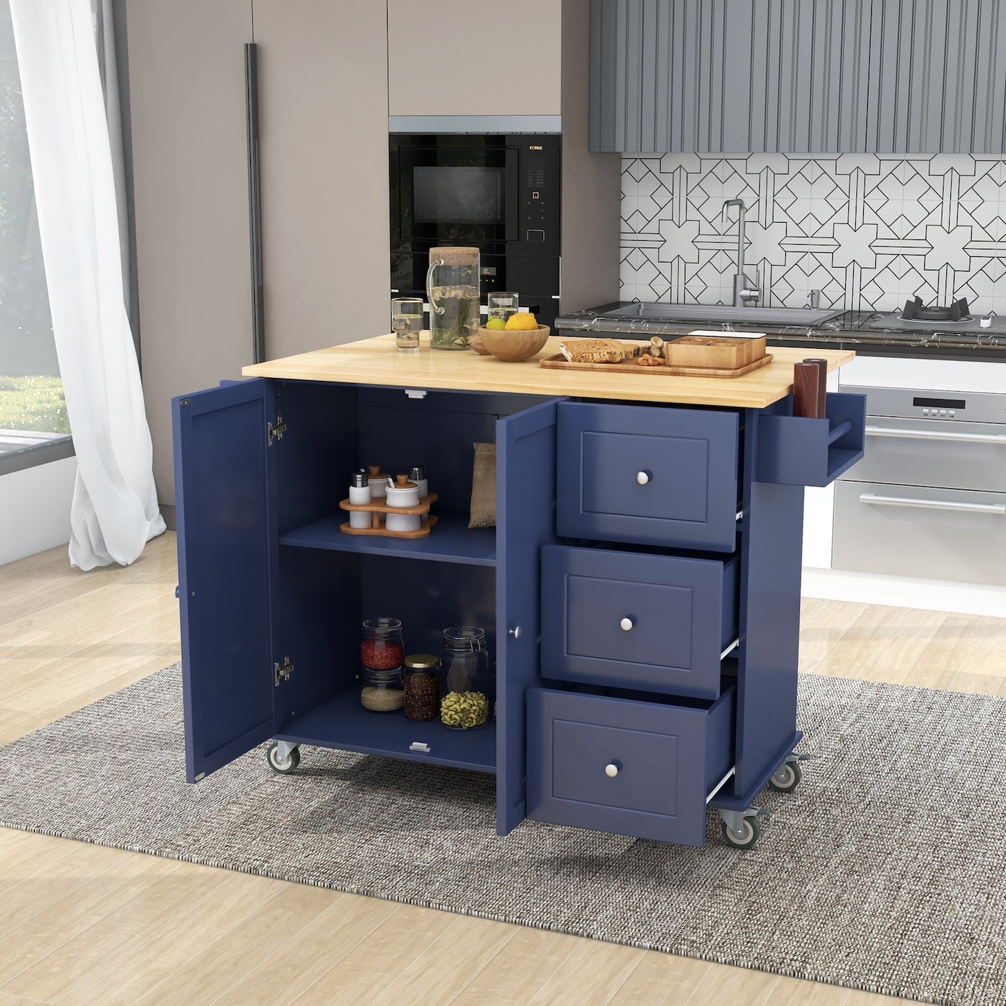 K&K Mobile Kitchen Island Cart with Solid Wood Top- Dark Blue