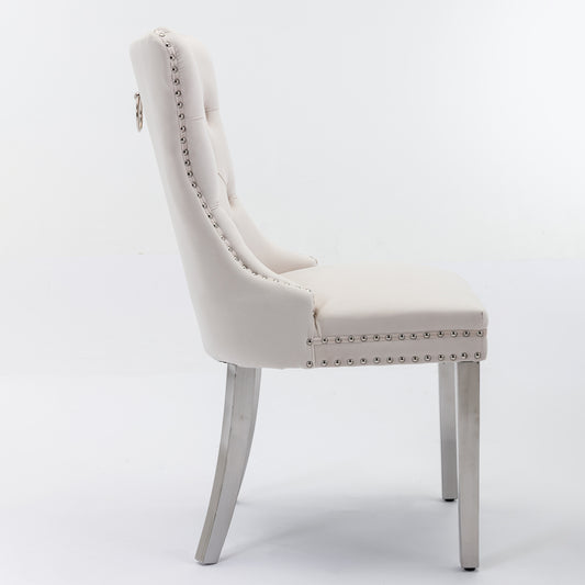 Nikki Tufted Dining Chair with Silver Legs in Beige Velvet Set of 2