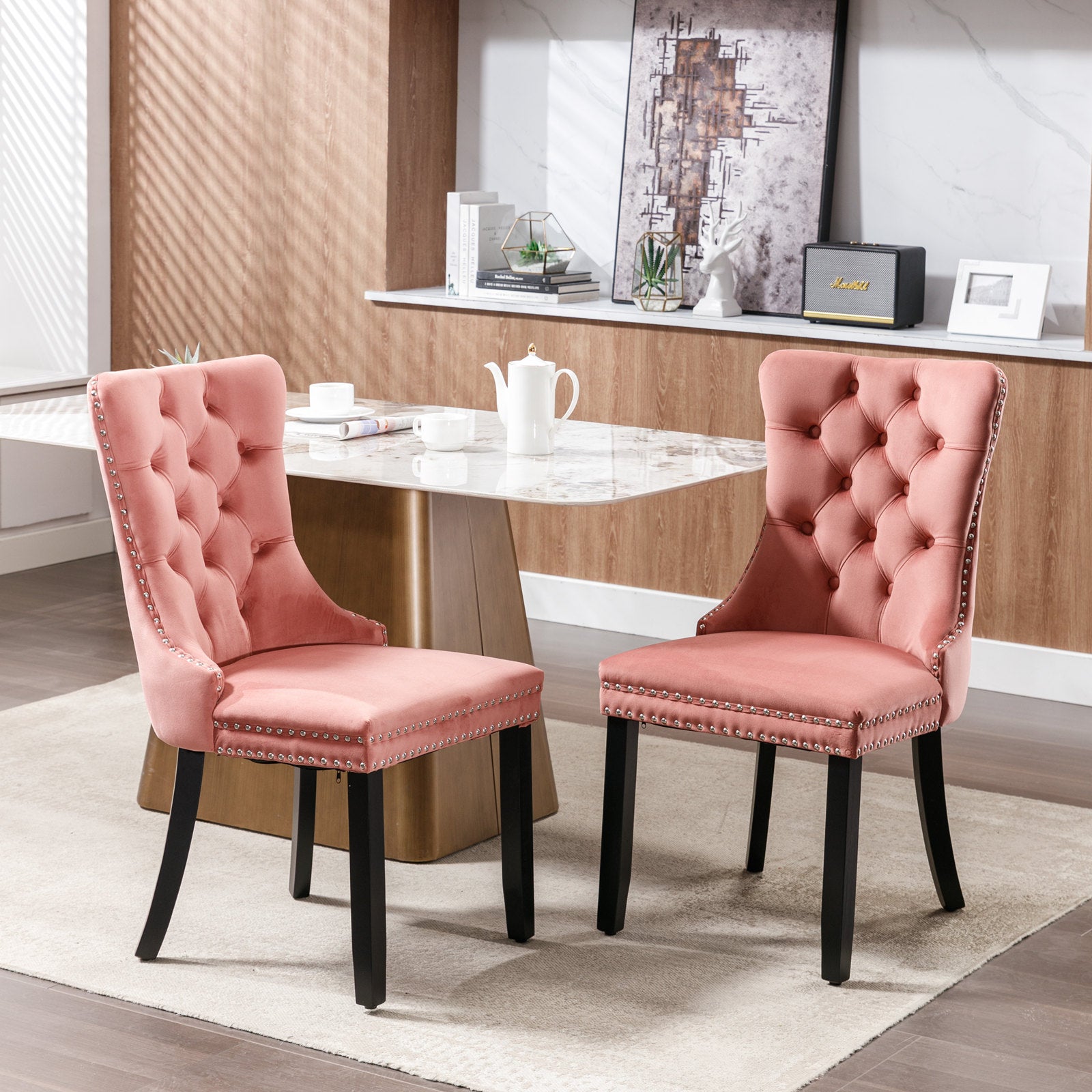 Nikki Tufted Dining Chair with Black Legs in Pink Velvet Set of 2