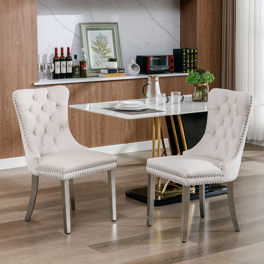 Nikki Tufted Dining Chair with Silver Legs in Beige Velvet Set of 2