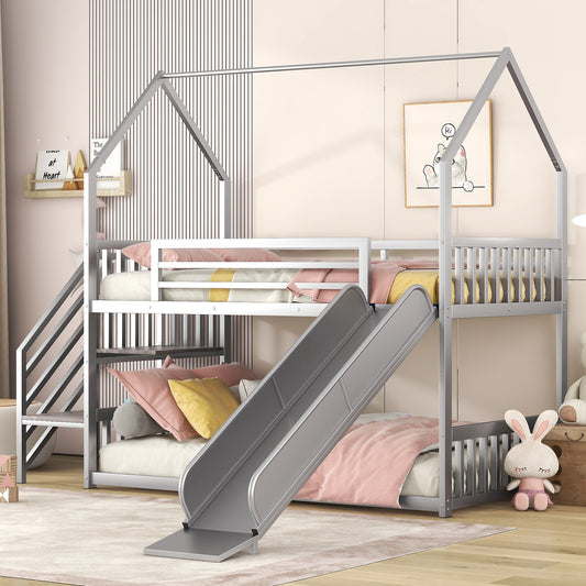 WM Store Twin Size Metal Bunk Bed with Slide & Staircase - Silver