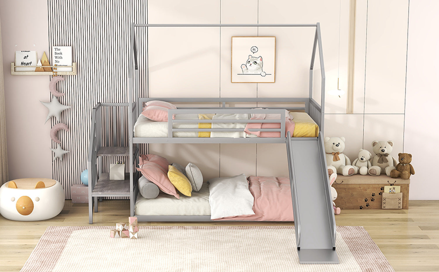 WM Store Twin Size Metal Bunk Bed with Slide & Staircase - Silver