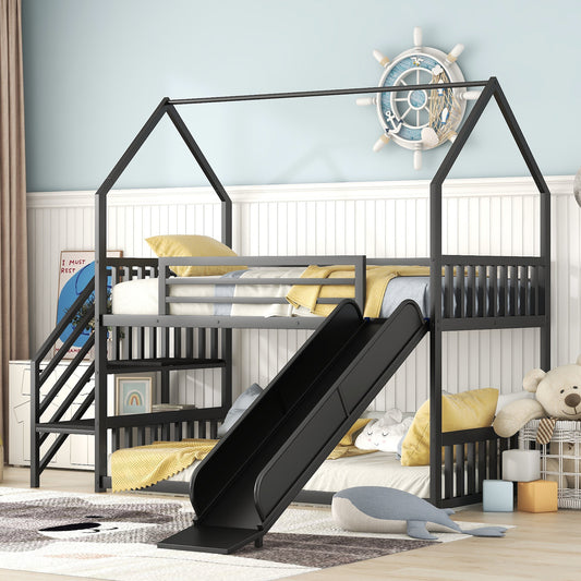 WM Store Twin Size Metal Bunk Bed with Slide & Staircase