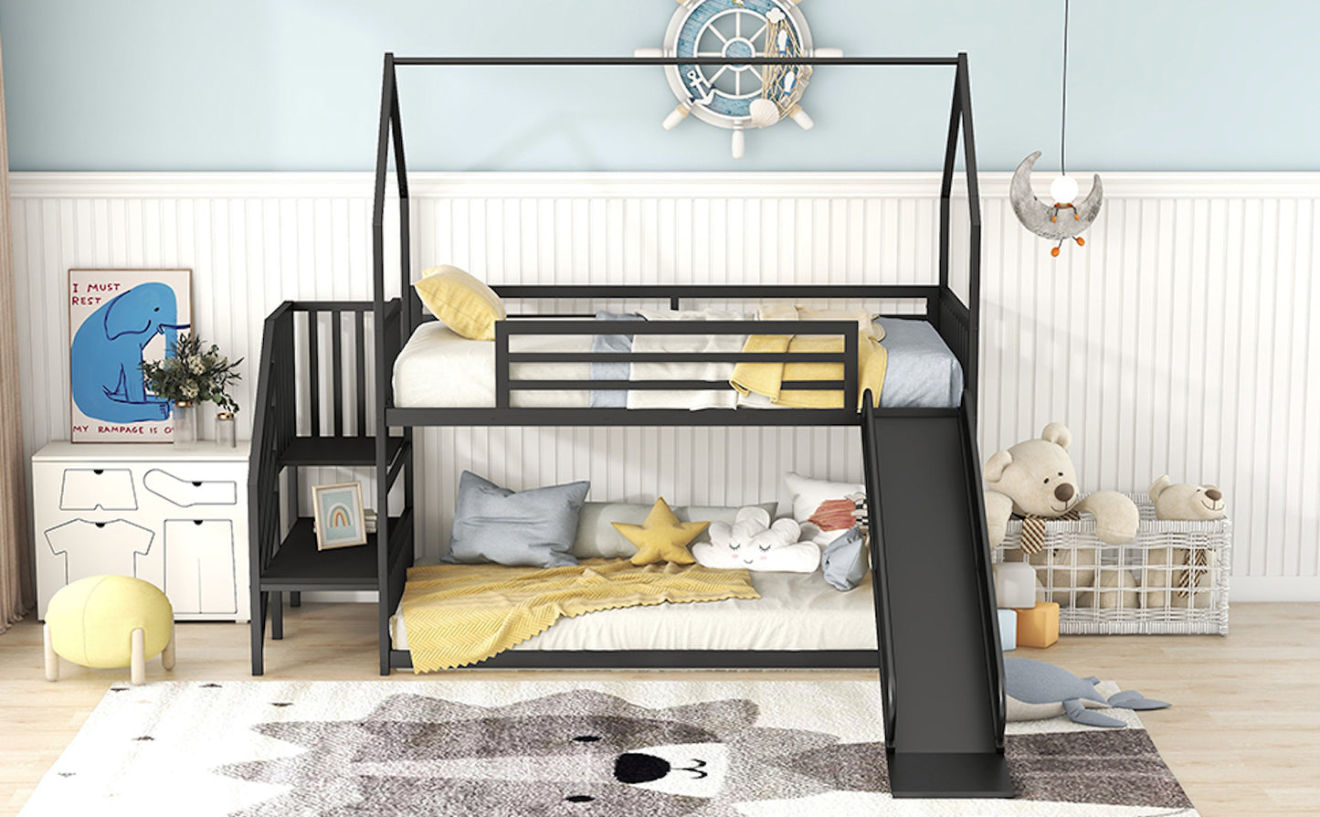 WM Store Twin Size Metal Bunk Bed with Slide & Staircase