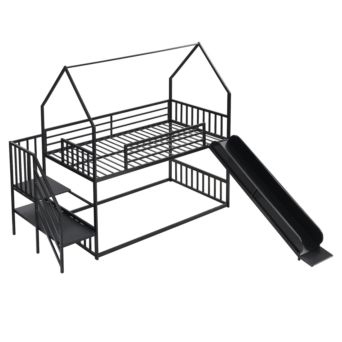 WM Store Twin Size Metal Bunk Bed with Slide & Staircase