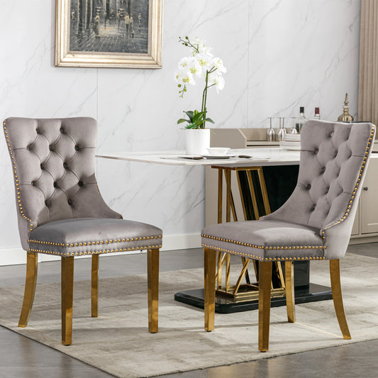 Nikki Tufted Dining Chair with Golden Legs in Gray Velvet Set of 2