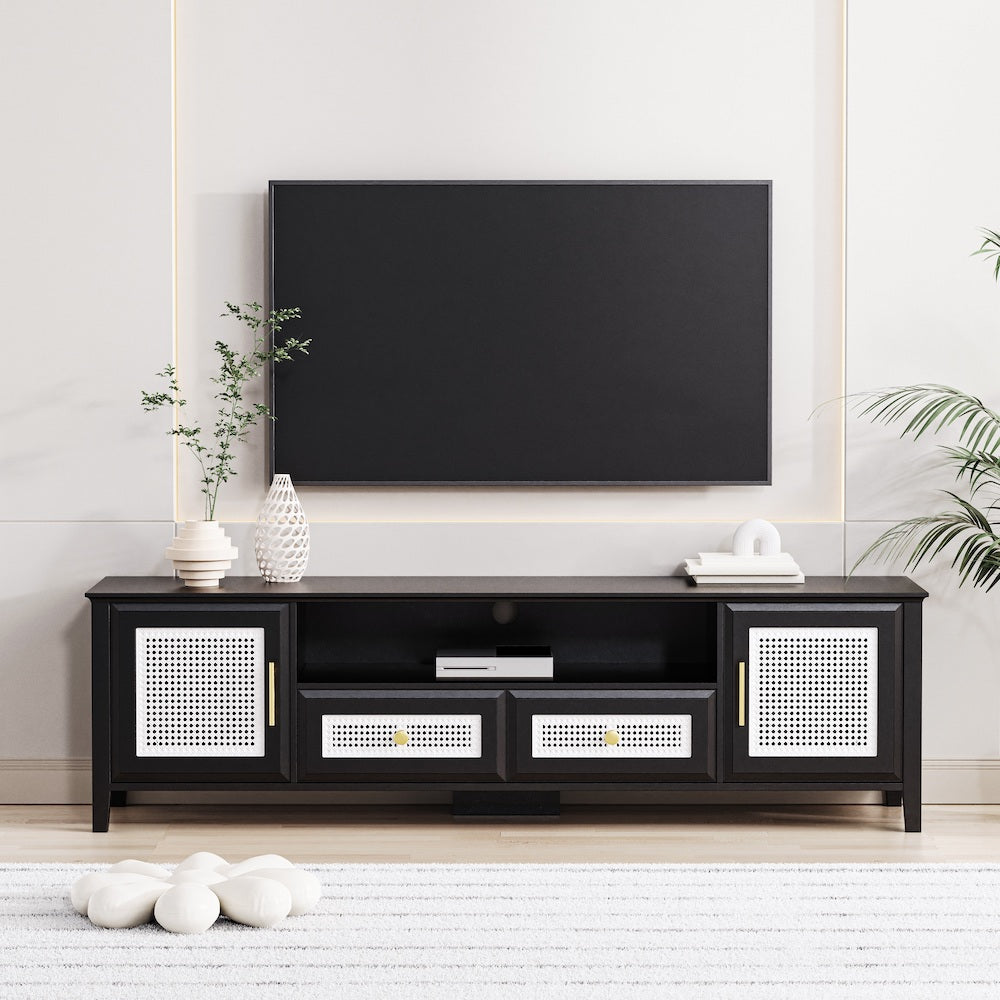 On-Trend Boho Style TV Stand with White Rattan Doors