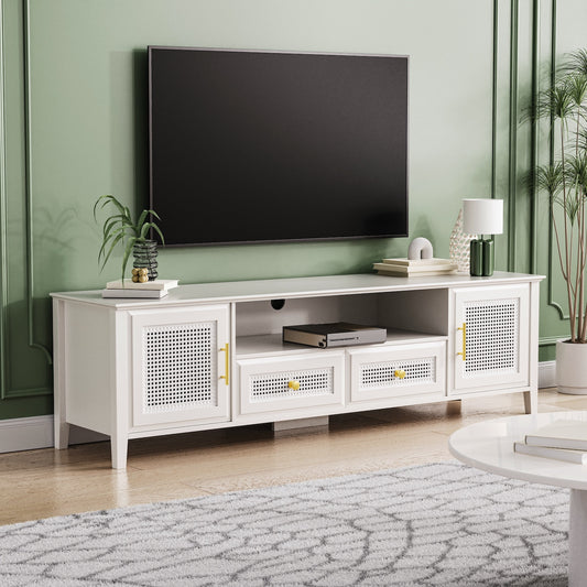 On-Trend Boho Style TV Stand with Rattan Doors - White
