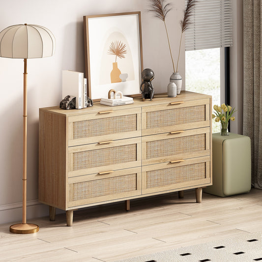 Danita 6-Drawer Dresser in Natural Finish with Rattan Drawer Fronts