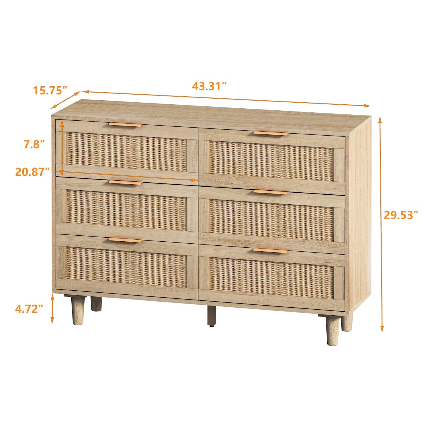 Danita 6-Drawer Cabinet in Natural Finish with Rattan Drawer Fronts