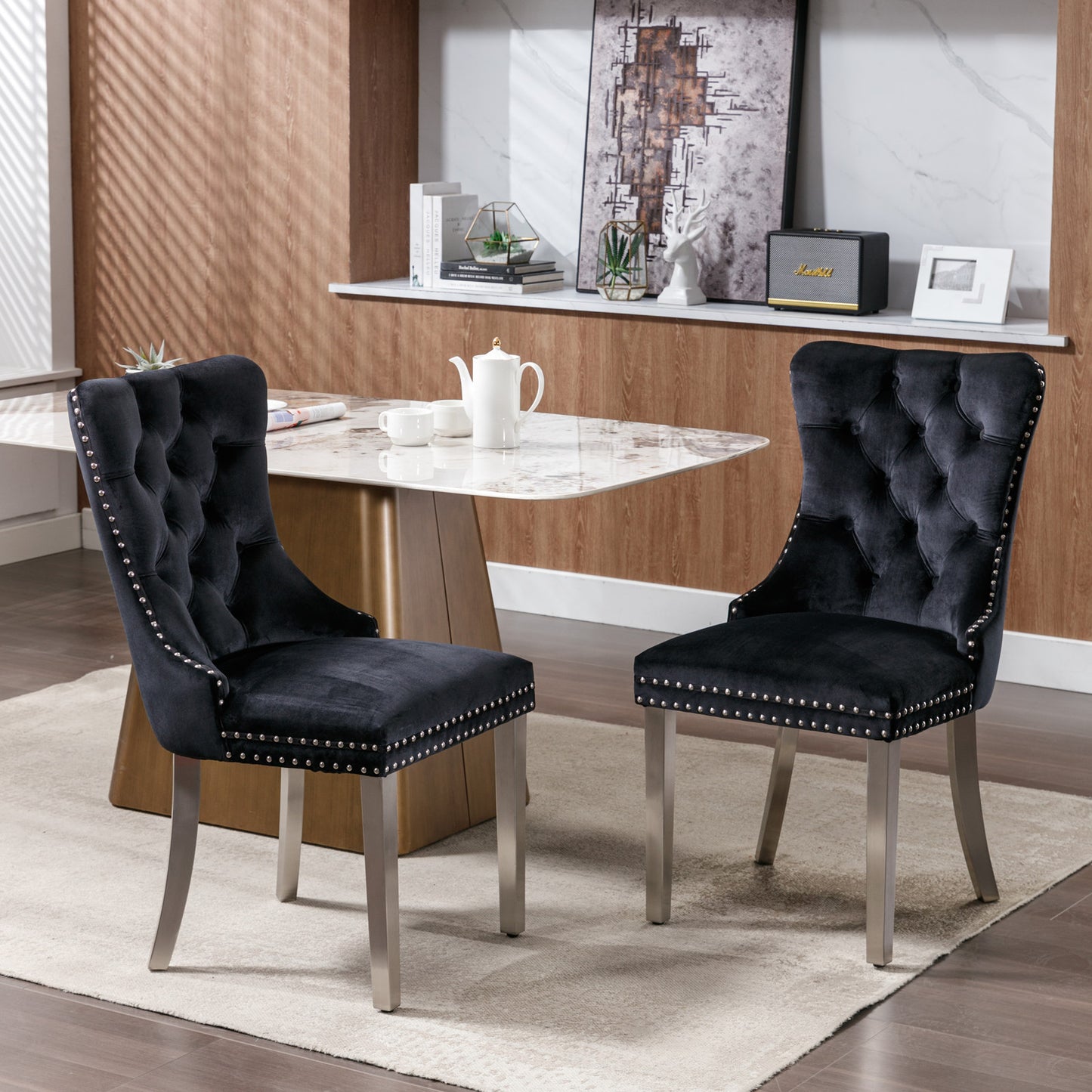 Nikki Tufted Dining Chair with Silver Legs in Black Velvet Set of 2
