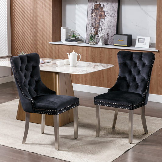 Nikki Tufted Dining Chair with Silver Legs in Black Velvet Set of 2