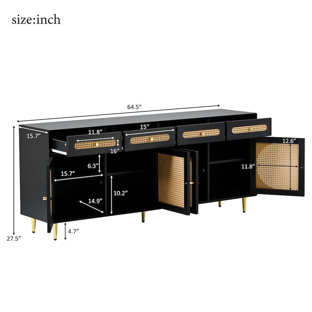 U_Can Mid-Century Modern Sideboard with Rattan Doors - Black