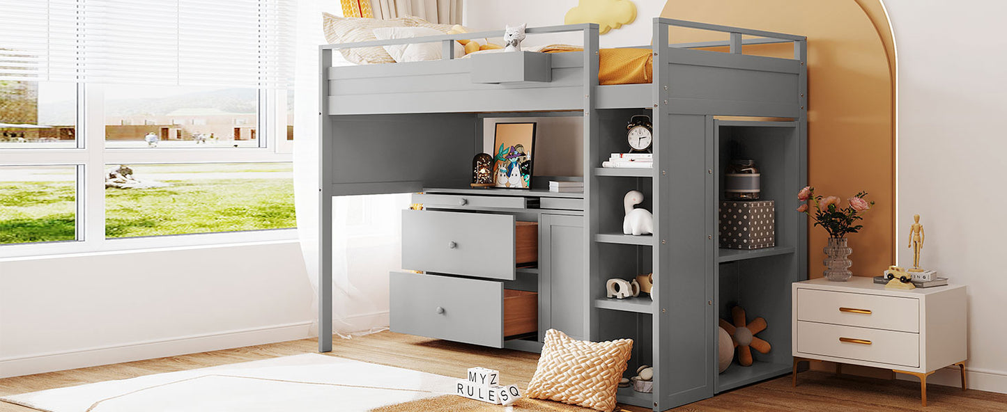 Lucky Twin Size Loft Bed with Rolling Cabinet & Desk