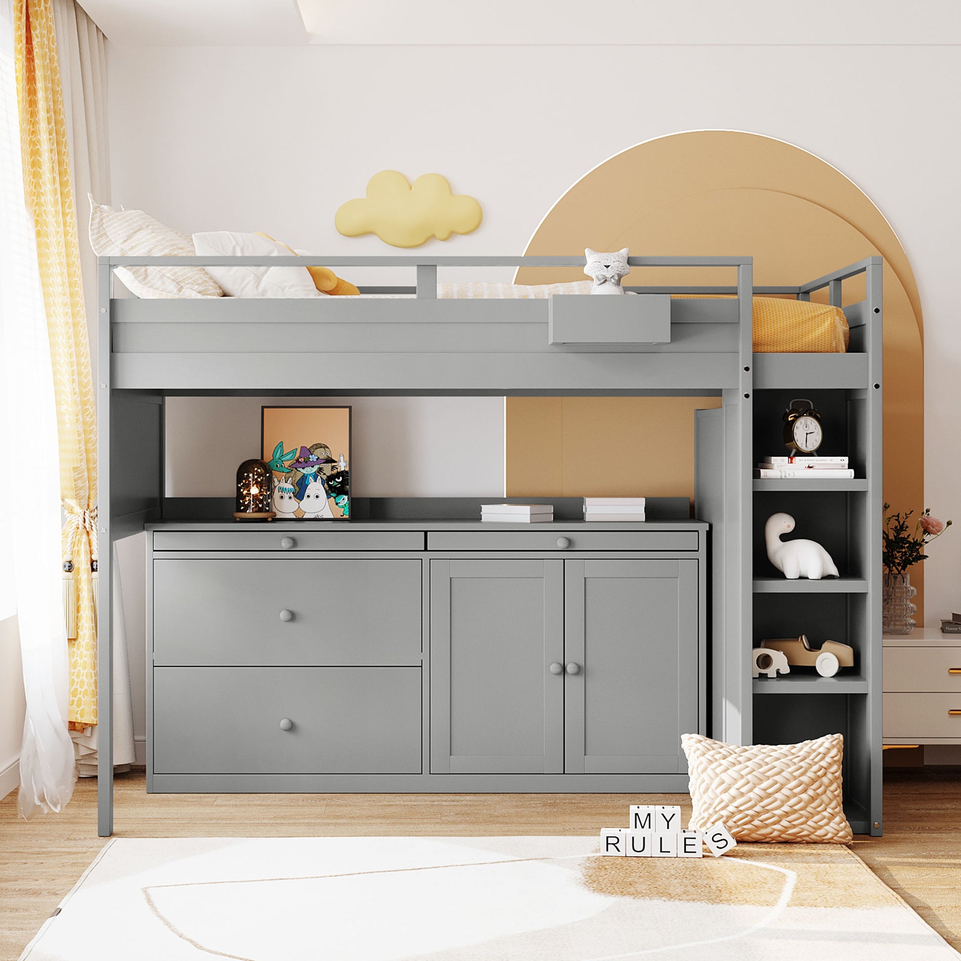 Lucky Twin Size Loft Bed with Rolling Cabinet & Desk