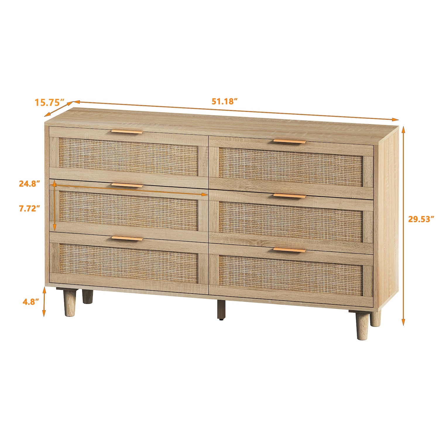 Danita 6-Drawer Dresser in Natural Finish with Rattan Drawer Fronts