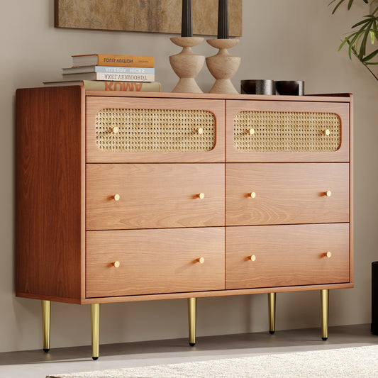Cosyliving 6-Drawer Dresser with Rattan Drawer Fronts - Walnut