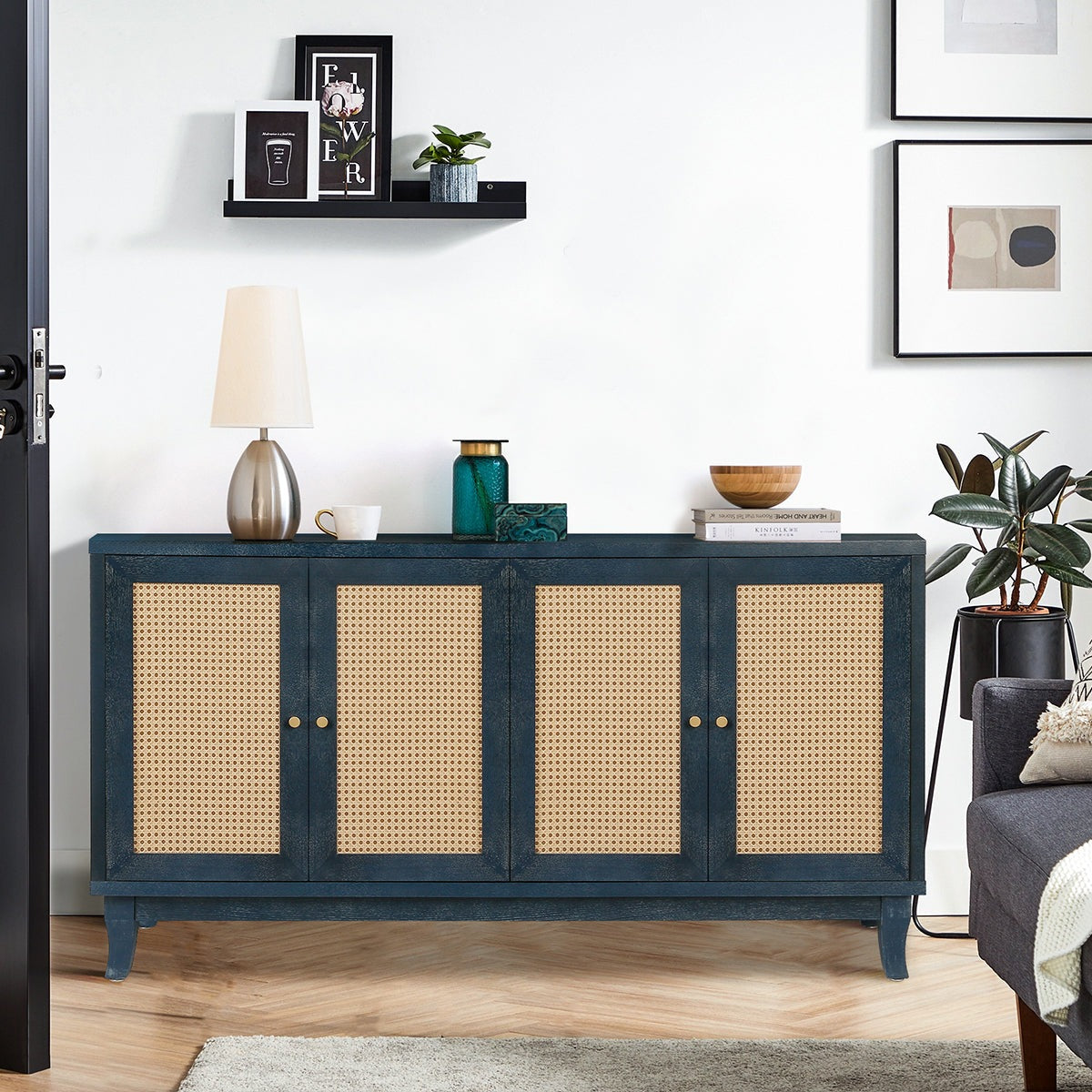 Zrun Accent Cabinet with Rattan Door Fronts - Antique Blue