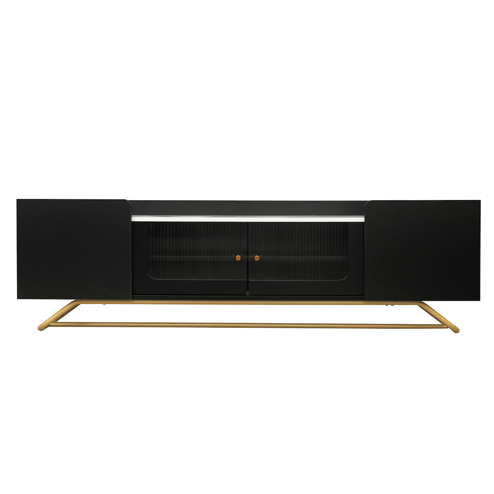 On-Trend Modern TV Stand with Fluted Glass & Faux Marble - Black