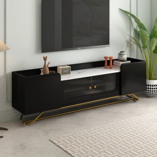On-Trend Modern TV Stand with Fluted Glass & Faux Marble - Black