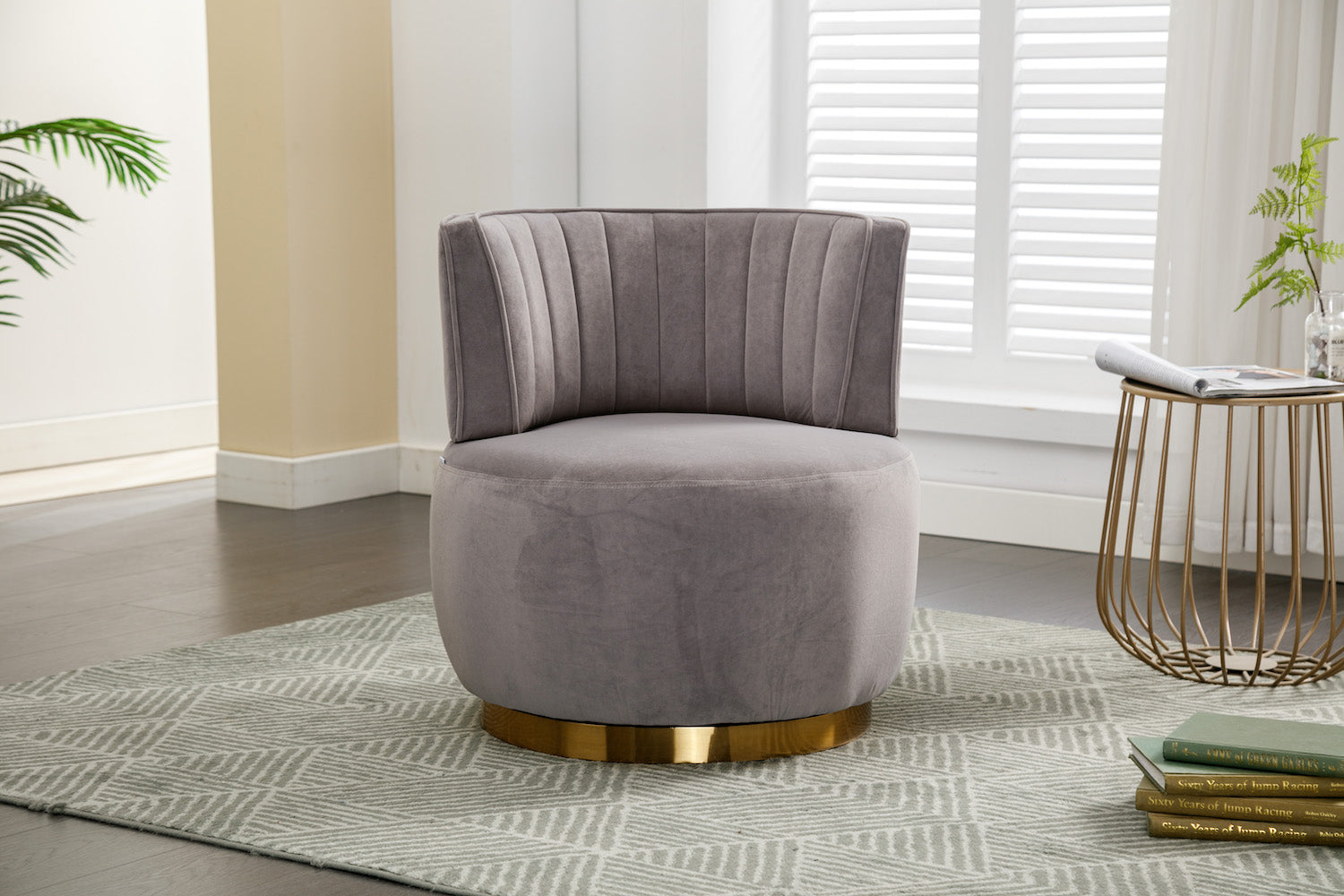 Marsha Contemporary Velvet Swivel Chair with Gold Trim - Gray