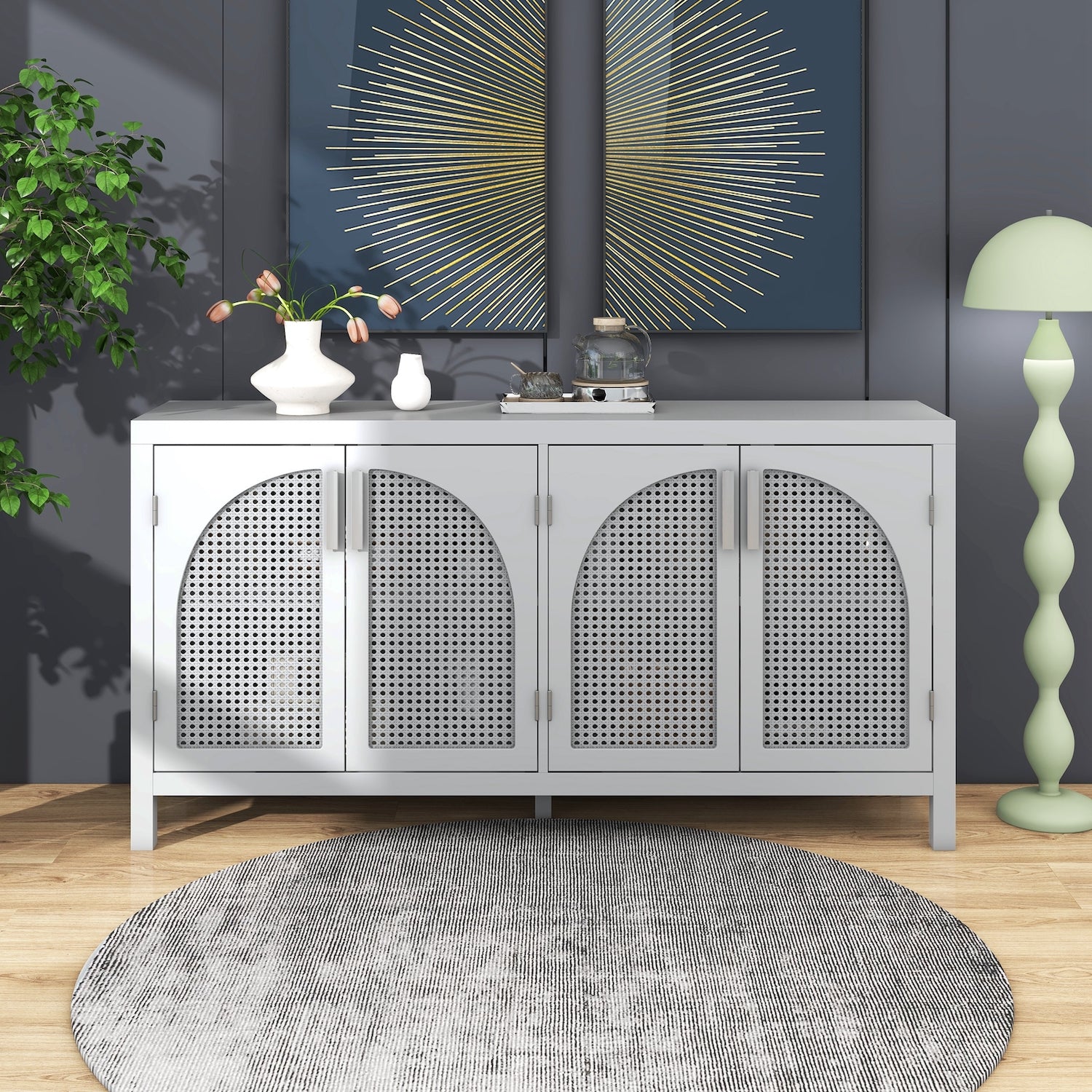 Trexm Modern Sideboard with Rattan Fronts - Gray