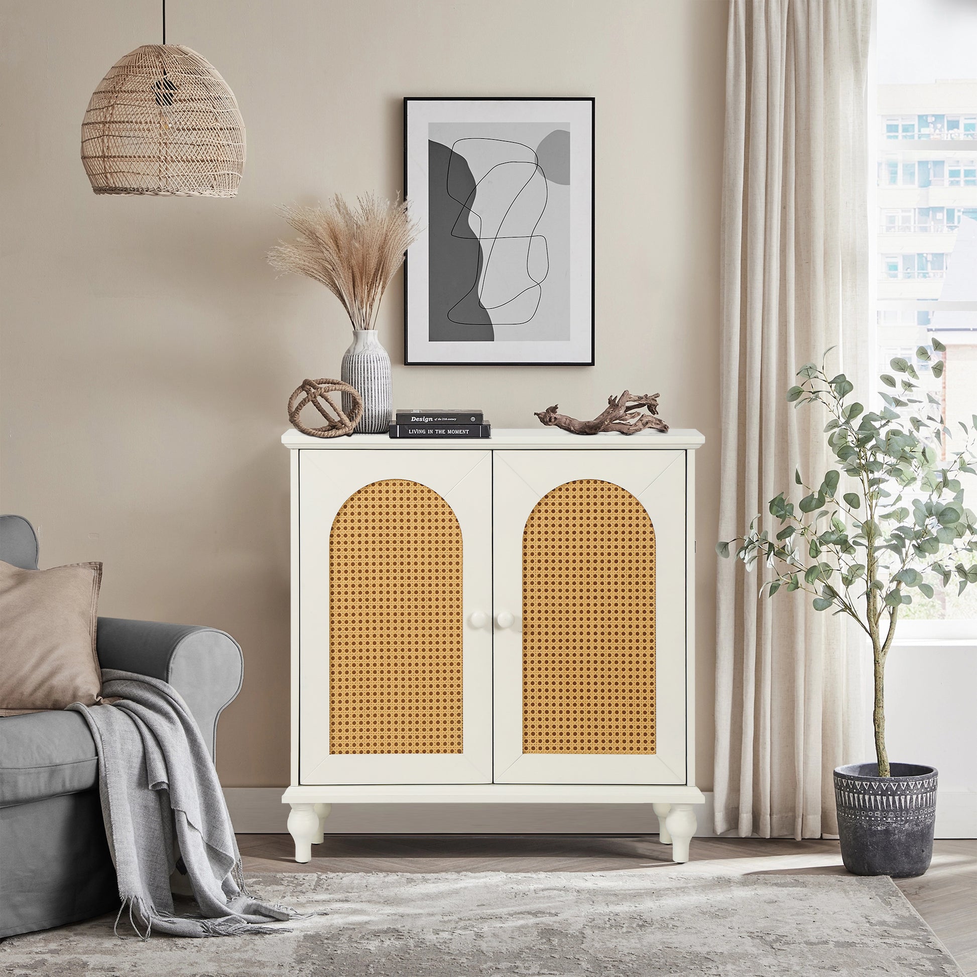 Zrun 2-Door Wooden Accent Cabinet with Rattan Fronts - Antique White