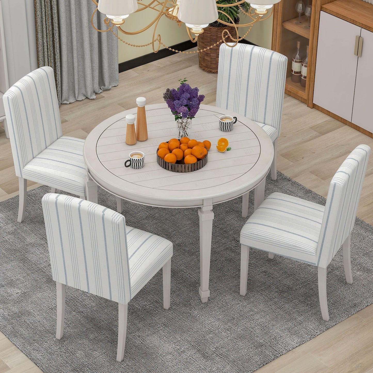 Jolene 5-Piece Dining Set with Striped Chairs - White