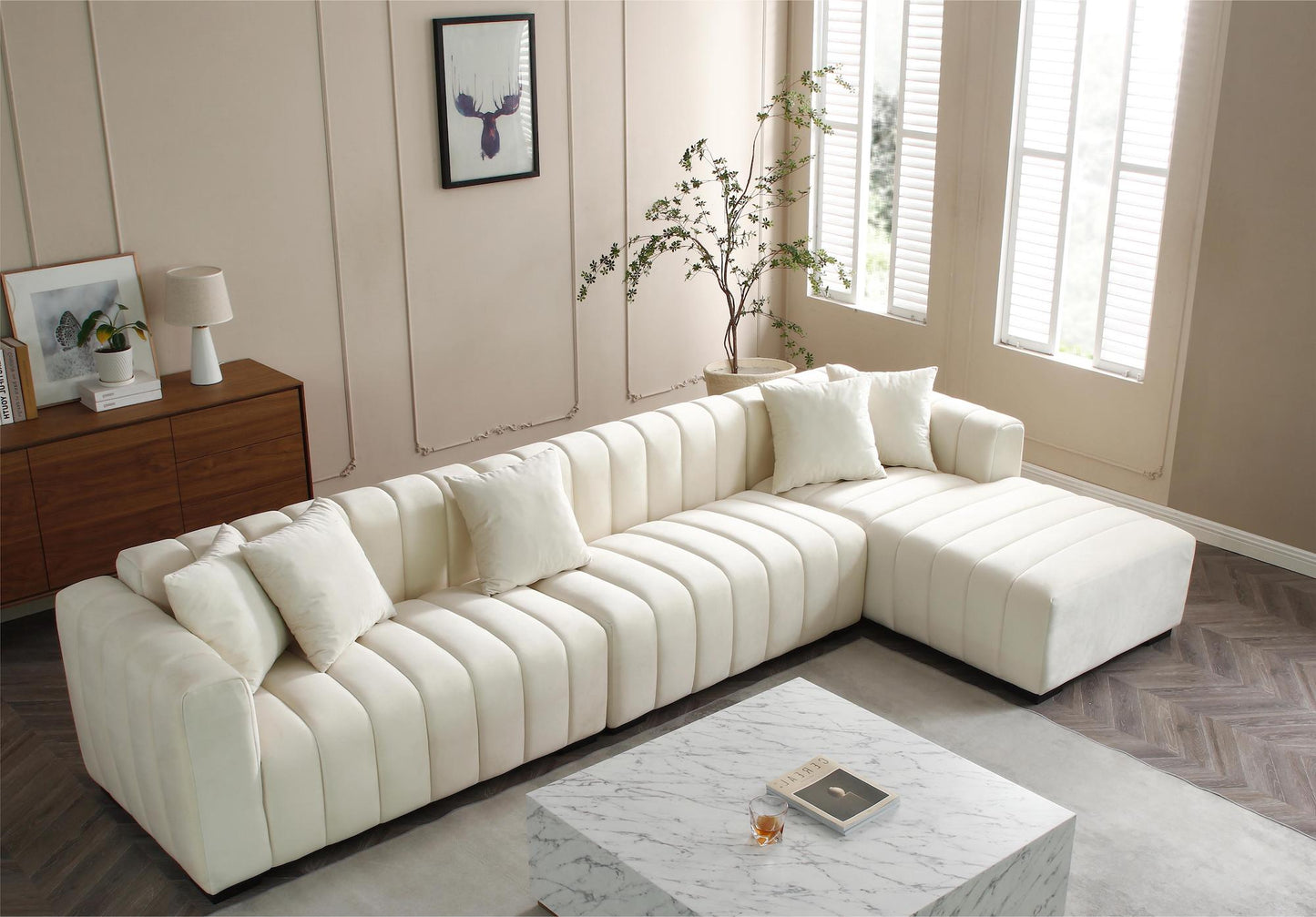 Justone Interior 139" Modern L-Shape Sectional Sofa in Beige Velvet