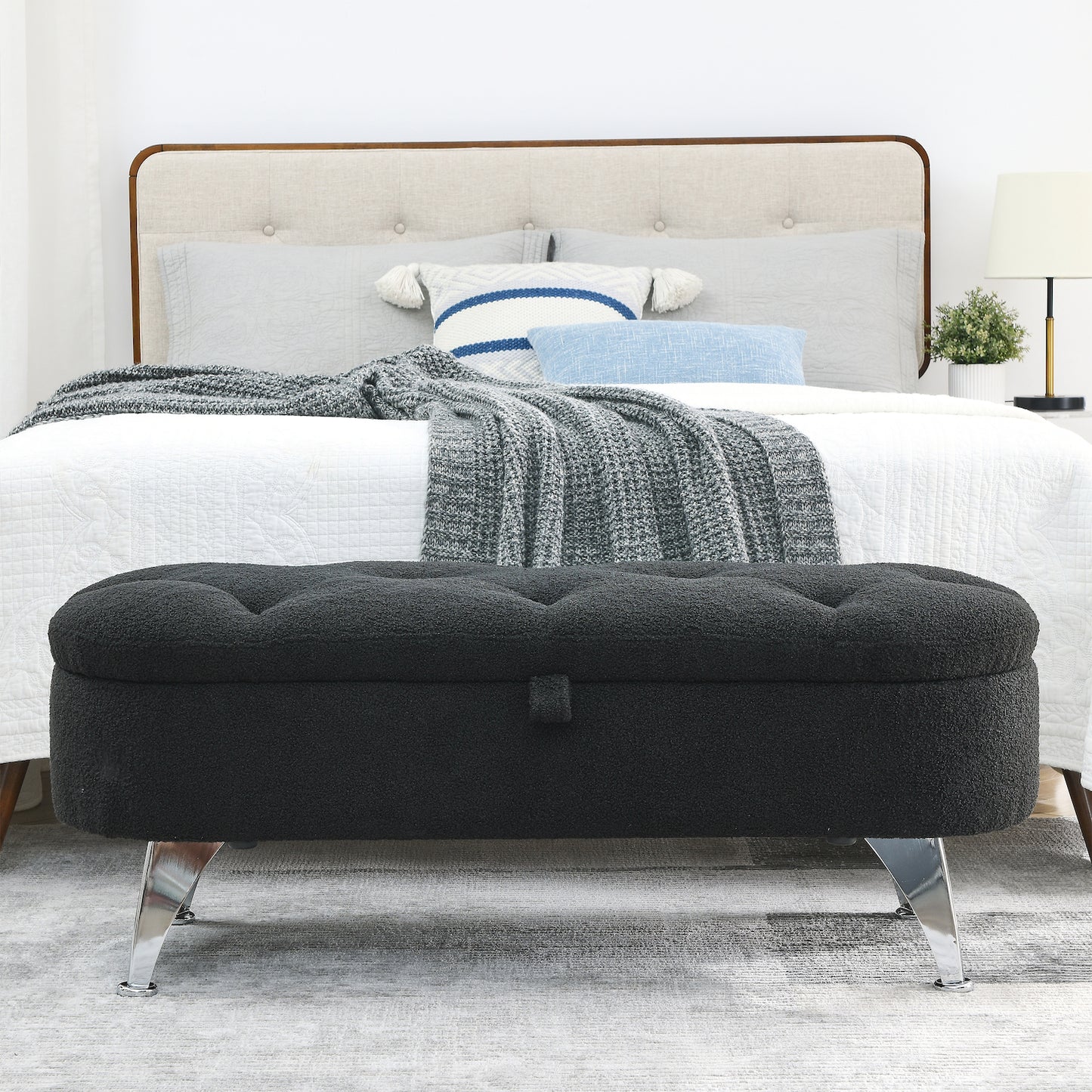 Welike 45" Teddy Fabric Upholstered Bedroom Bench - Black