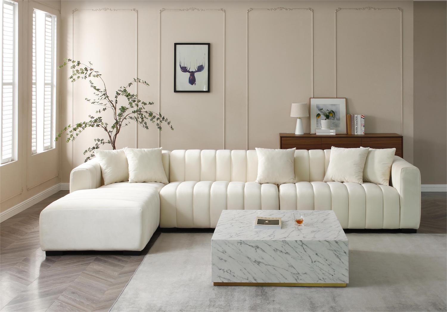 Justone Interior 139" Modern L-Shape Sectional Sofa in Beige Velvet
