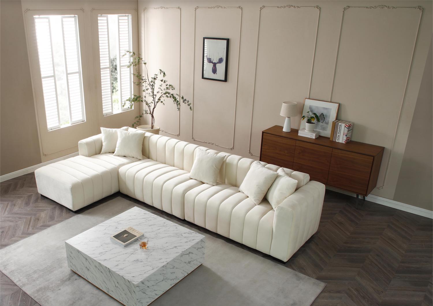Justone Interior 139" Modern L-Shape Sectional Sofa in Beige Velvet