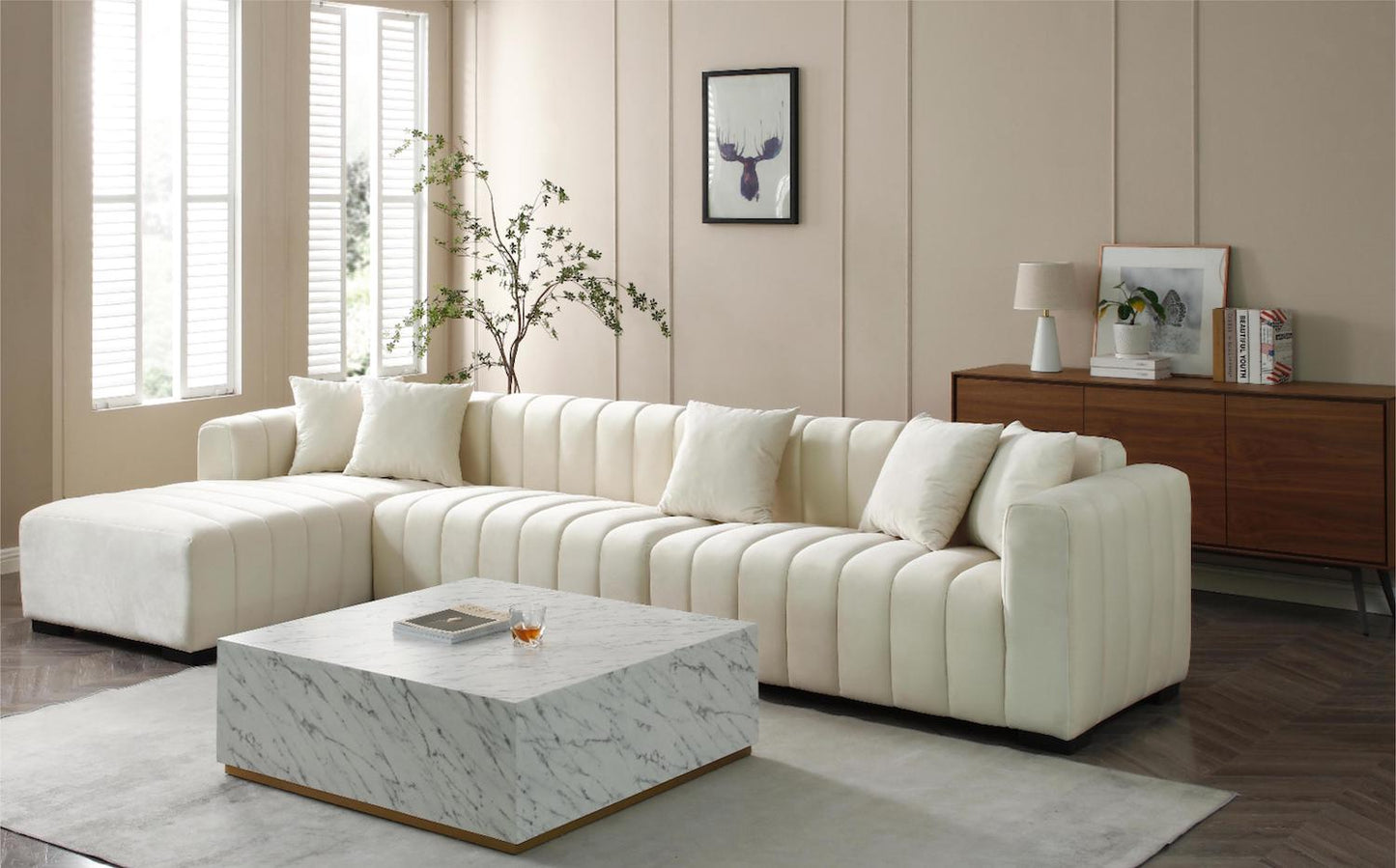 Justone Interior 139" Modern L-Shape Sectional Sofa in Beige Velvet