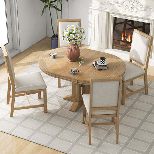 Brant 5-Piece Round Farmhouse Dining Set with Expandable Top - Natural