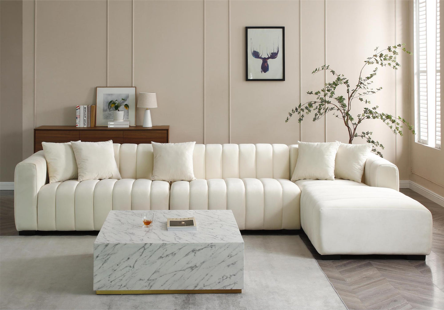 Justone Interior 139" Modern L-Shape Sectional Sofa in Beige Velvet