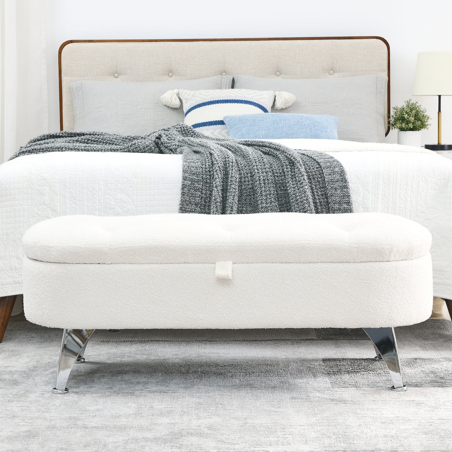 Welike 45" Teddy Fabric Upholstered Bedroom Bench - White