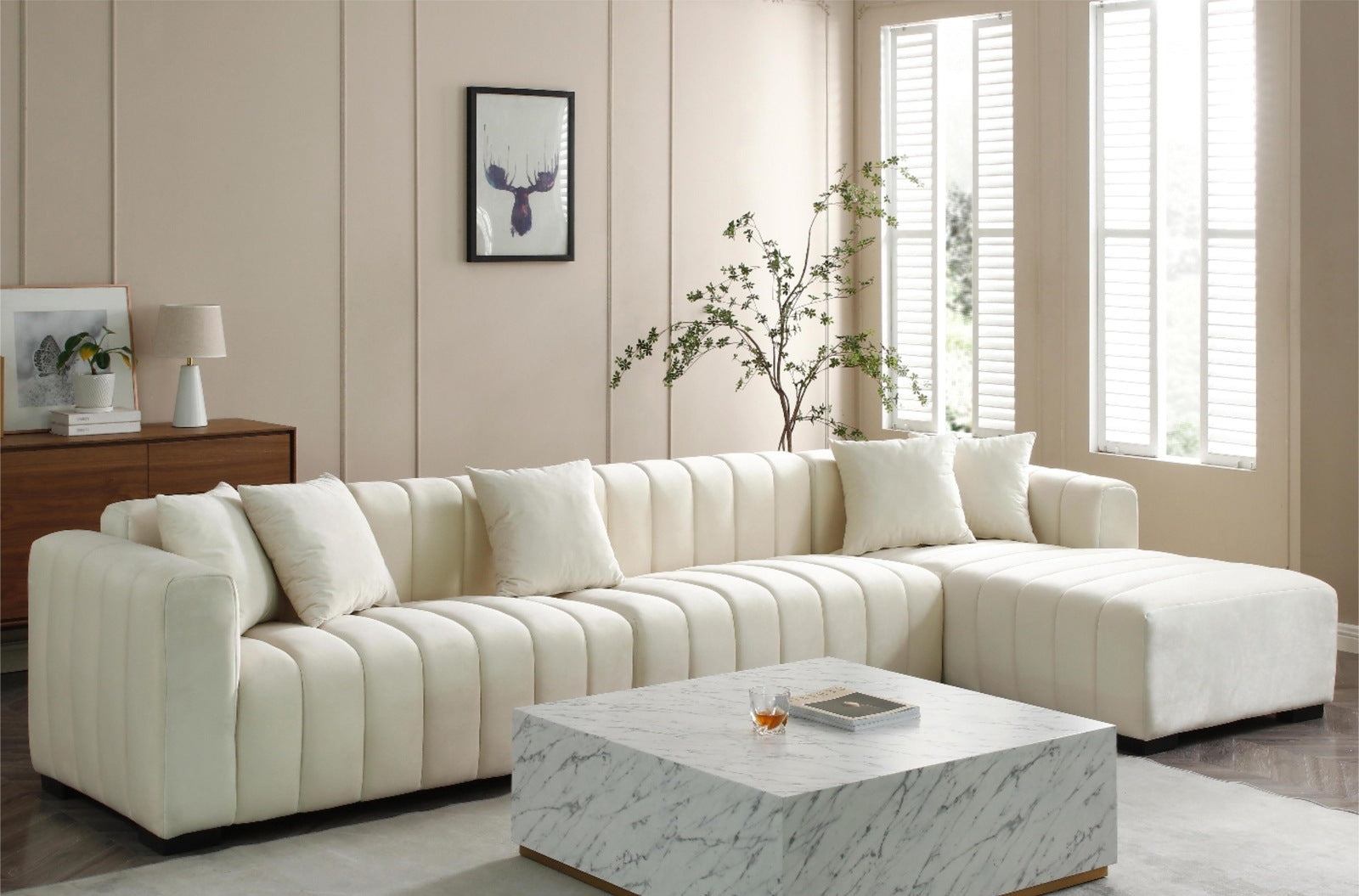 Justone Interior 139" Modern L-Shape Sectional Sofa in Beige Velvet