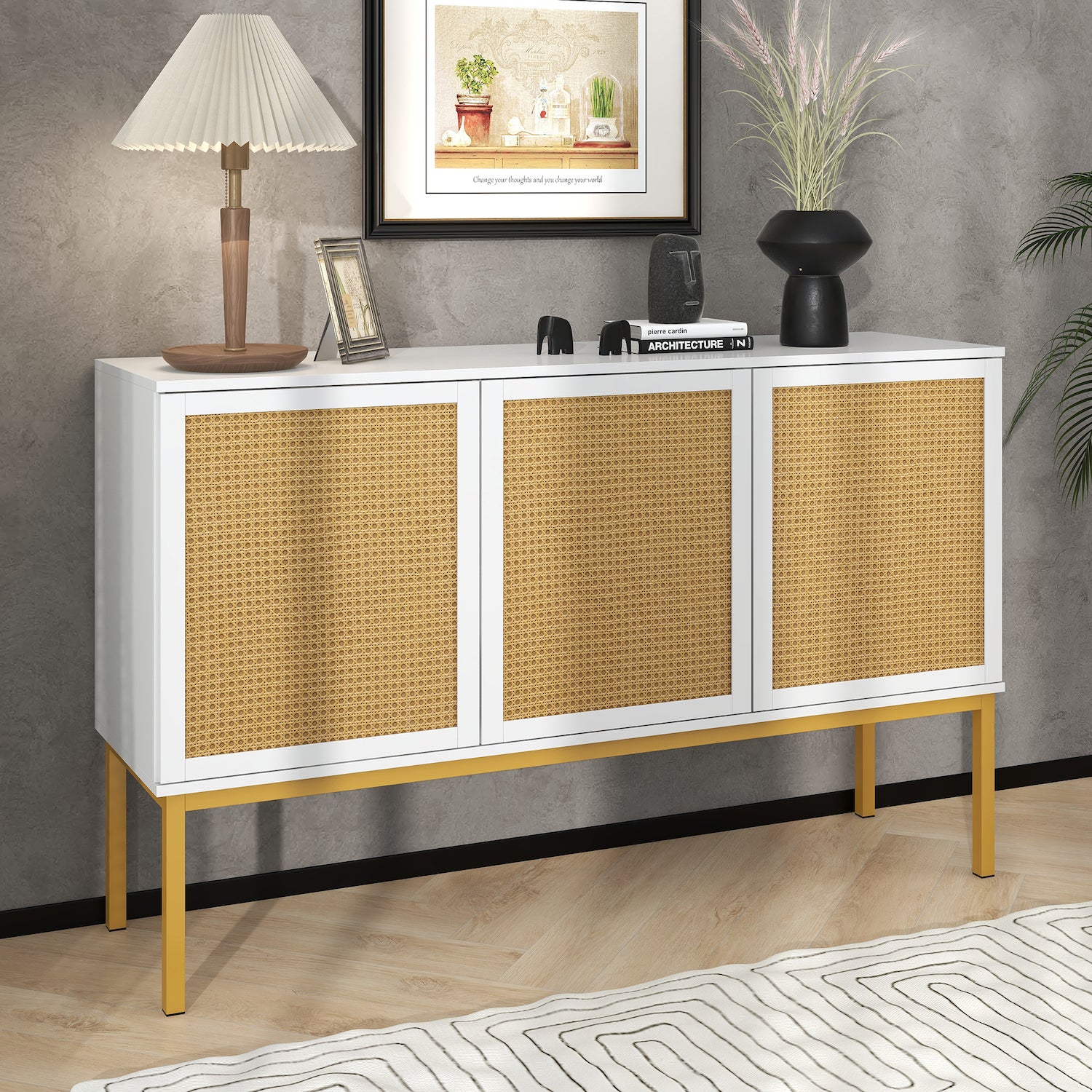 Trexm Modern Side Board with Rattan Doors & Gold Base - White